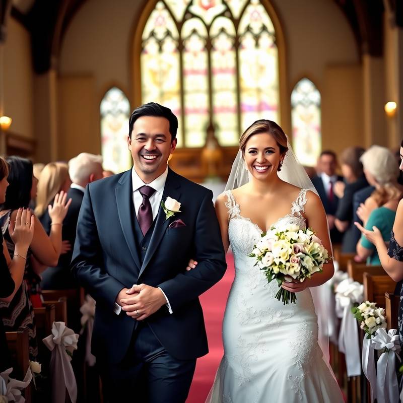 Photo de mariage : La mariée souriante marchant vers l'autel.