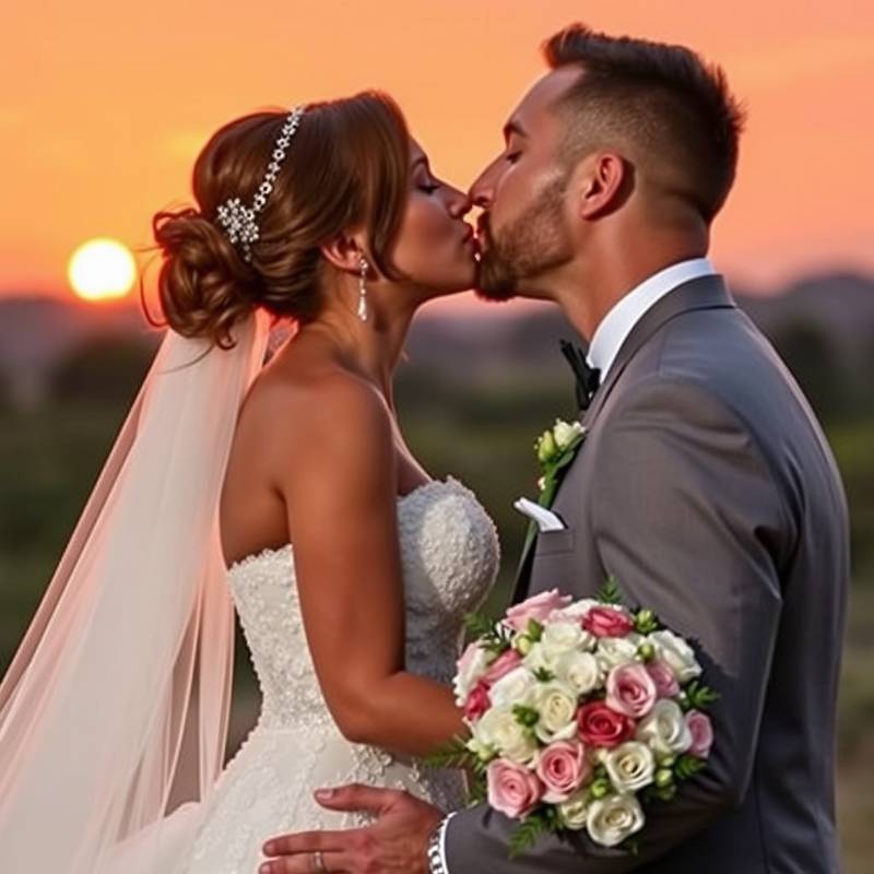 Photo de mariage : Les mariés s'embrassent devant un coucher de soleil romantique.