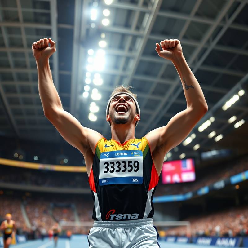 Photographie d'un événement sportif : Athlète célébrant sa victoire avec enthousiasme.