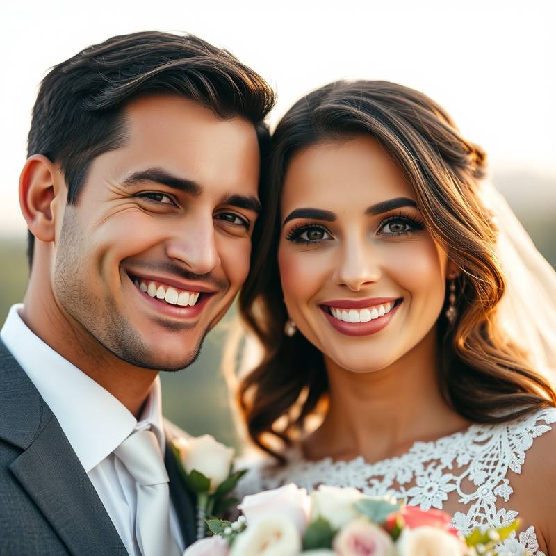 Photographie de mariage romantique avec un couple souriant.