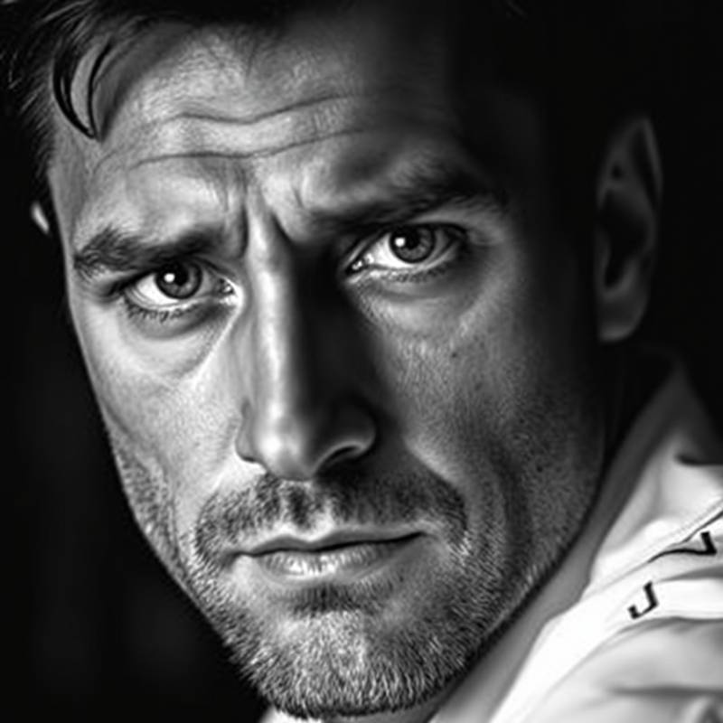 Portrait en noir et blanc d'un homme avec un regard intense.