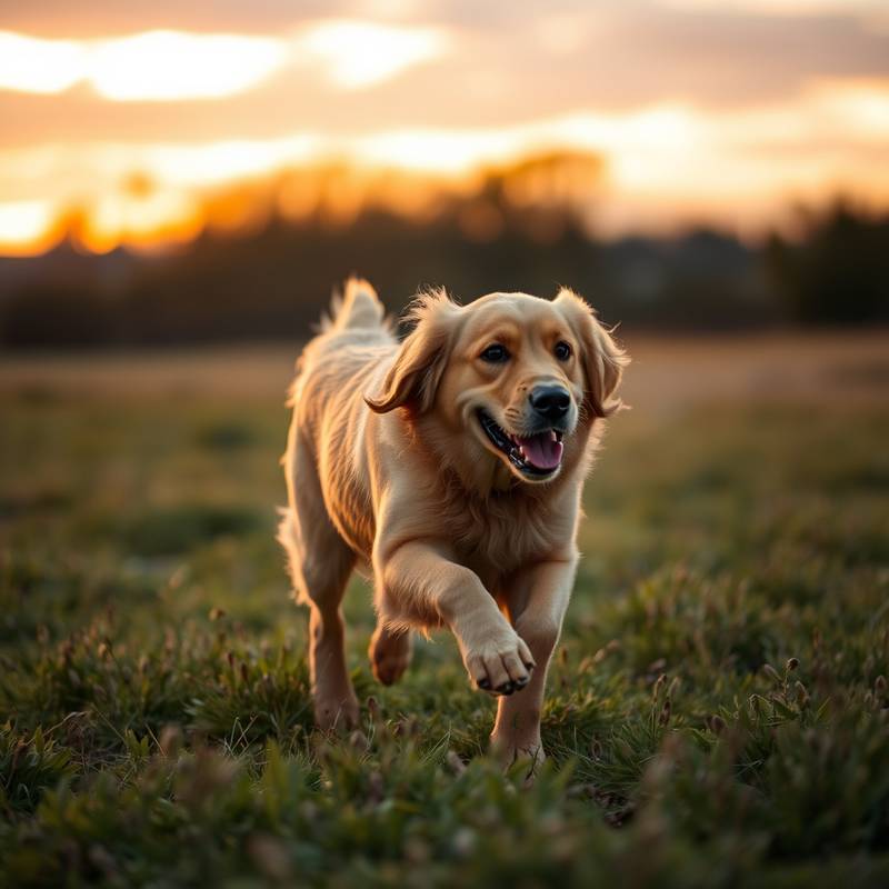 Un chien courant dans un champ avec un pelage doré au soleil couchant.