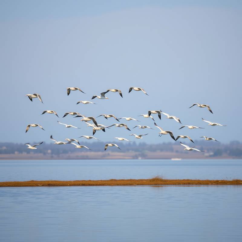 Un groupe d'oiseaux migrateurs volant en formation au-dessus d'un lac paisible.